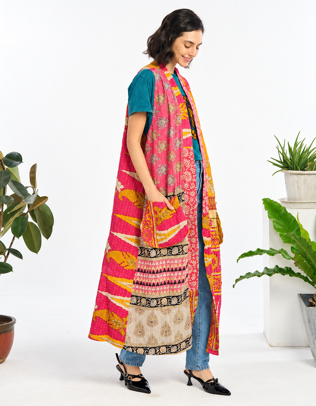 Side view of colorful Kantha cotton long kimono vest with oversized pockets