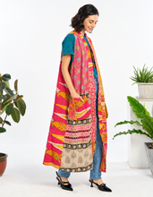 Side view of colorful Kantha cotton long kimono vest with oversized pockets