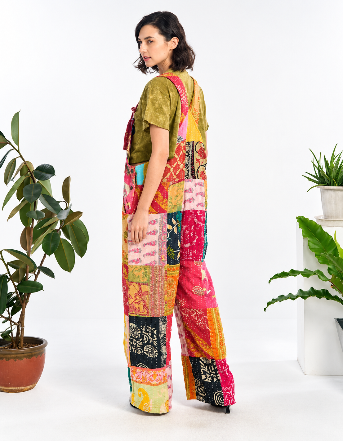 Side view of colorful Kantha cotton patchwork jumpsuit