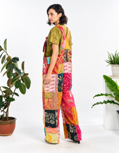 Side view of colorful Kantha cotton patchwork jumpsuit