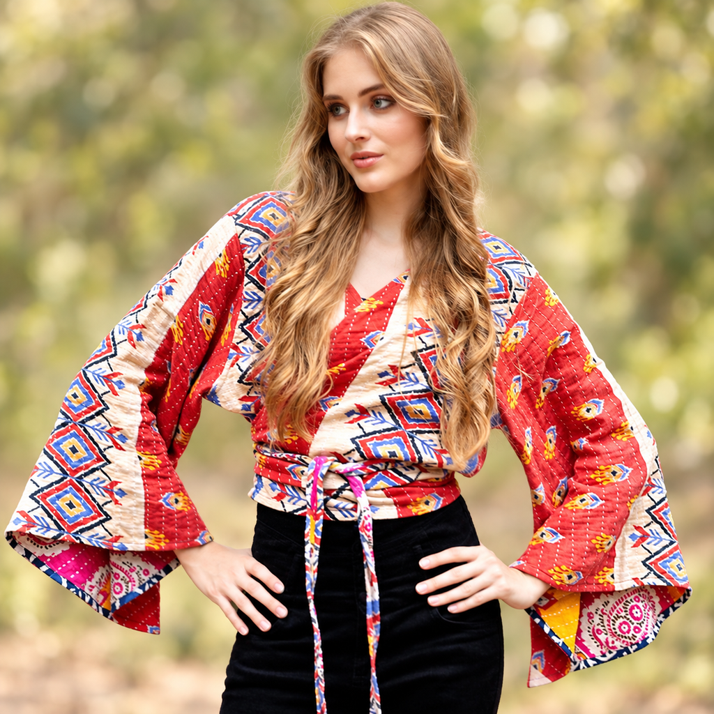 Free Spirit Kantha butterfly wrap top front view