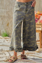 Front detail of BIBI camouflage ruffle hem wide-leg pants