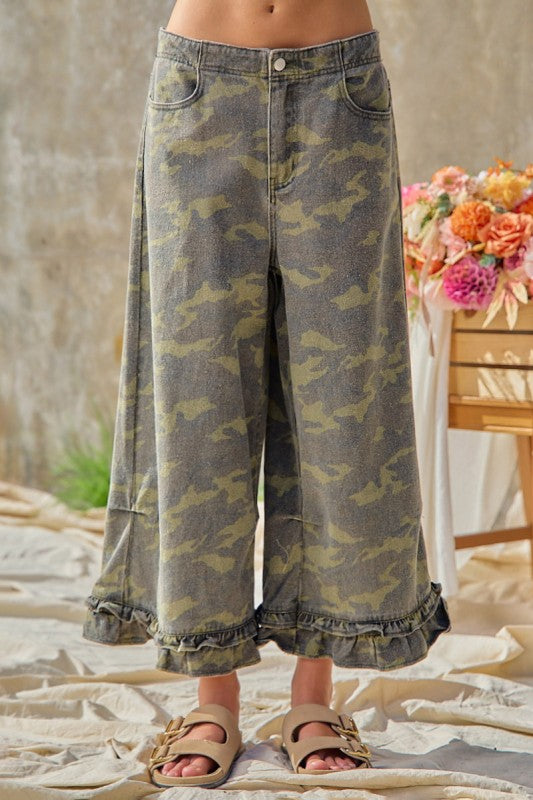 Full front view of BIBI camouflage ruffle hem wide-leg pants