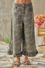 Full front view of BIBI camouflage ruffle hem wide-leg pants