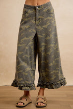 Studio front view of BIBI camouflage ruffle hem wide-leg pants