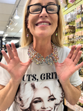 Kimberly wearing the iridescent crystal statement necklace