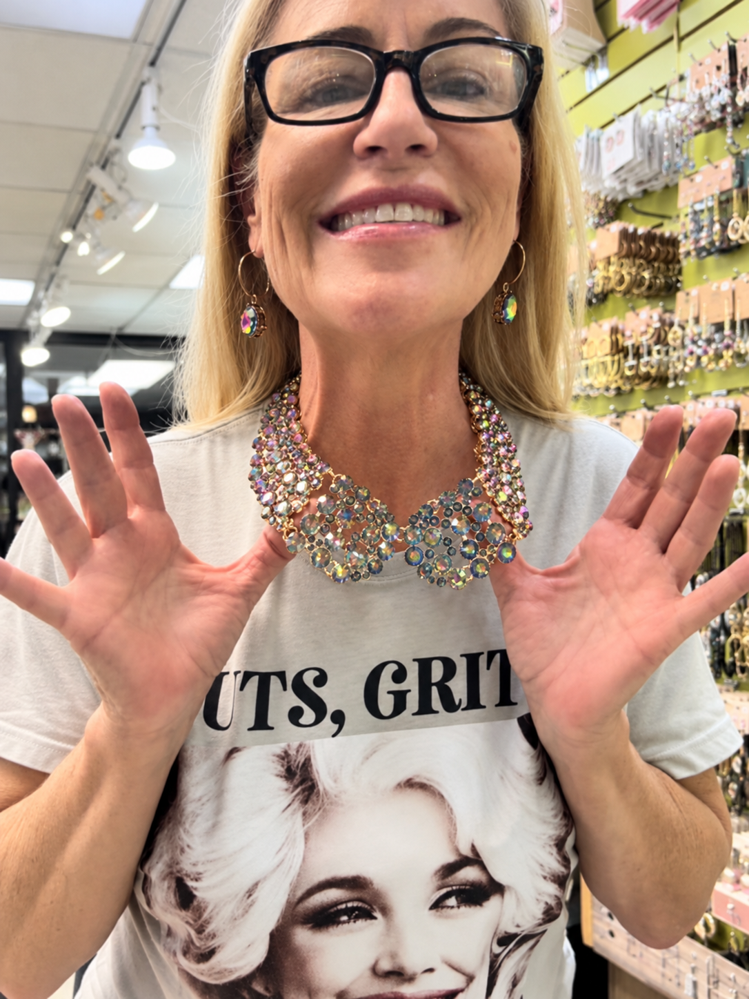 Kimberly wearing the iridescent crystal statement necklace