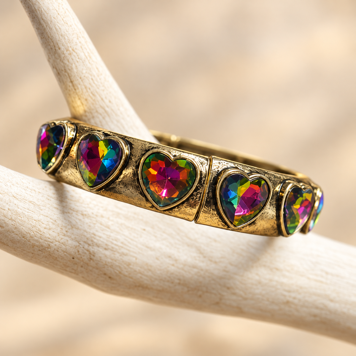 Iridescent heart crystal bracelet with antiqued gold-tone settings on a white antler
