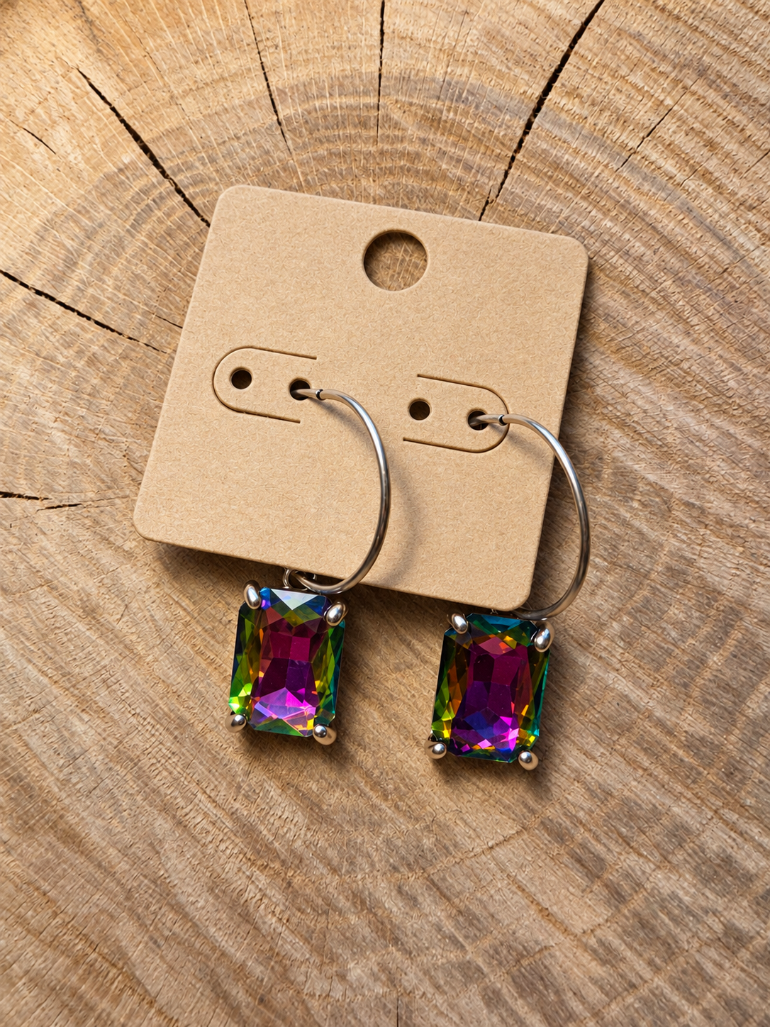 Iridescent rectangular stone drop hoop earrings