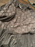 Taupe button-front tunic with floral lace and sequin details