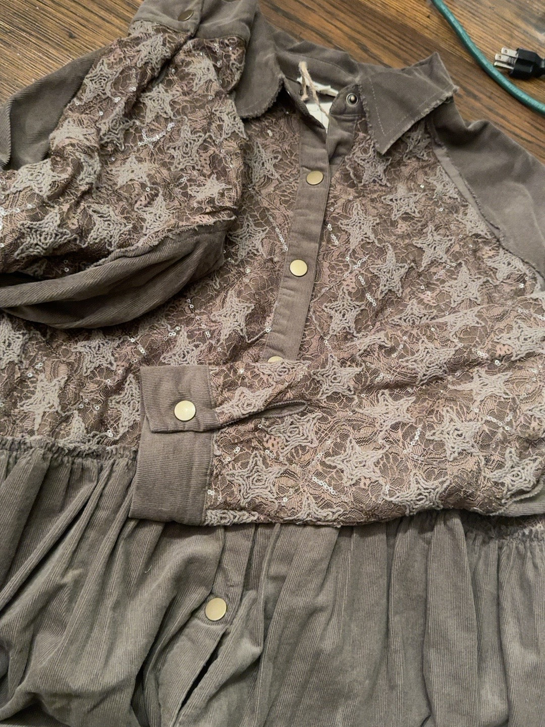 Taupe button-front tunic with floral lace and sequin details