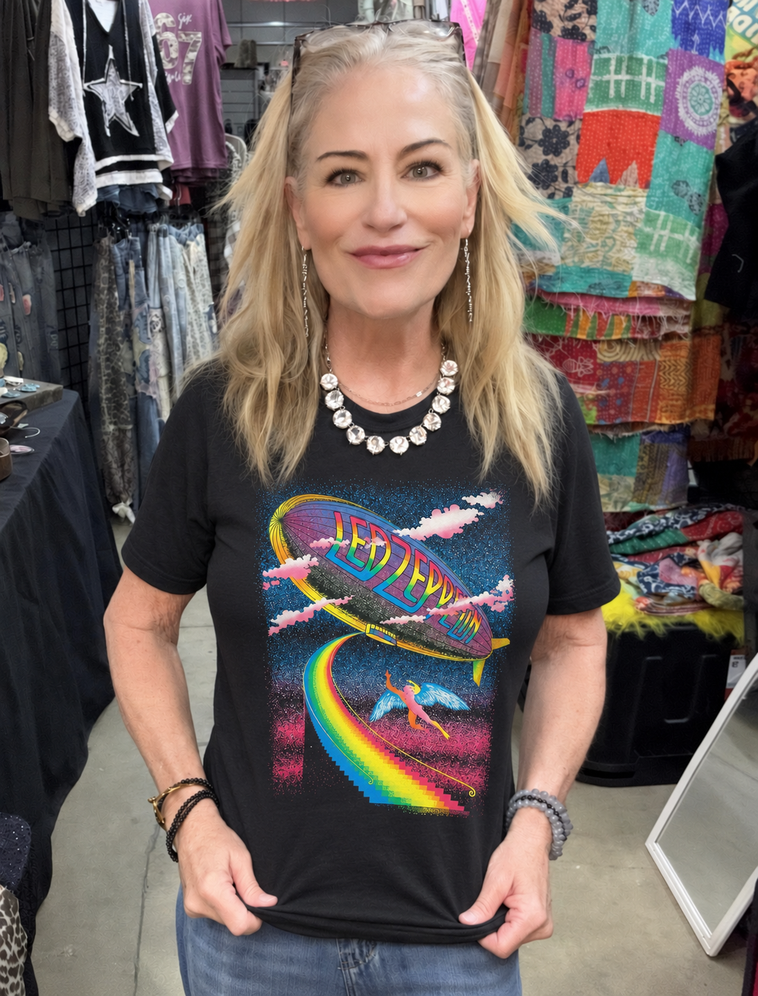 Kimberly wearing a black Led Zeppelin graphic T-shirt
