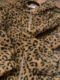Tan and black leopard print sherpa zip-up jacket