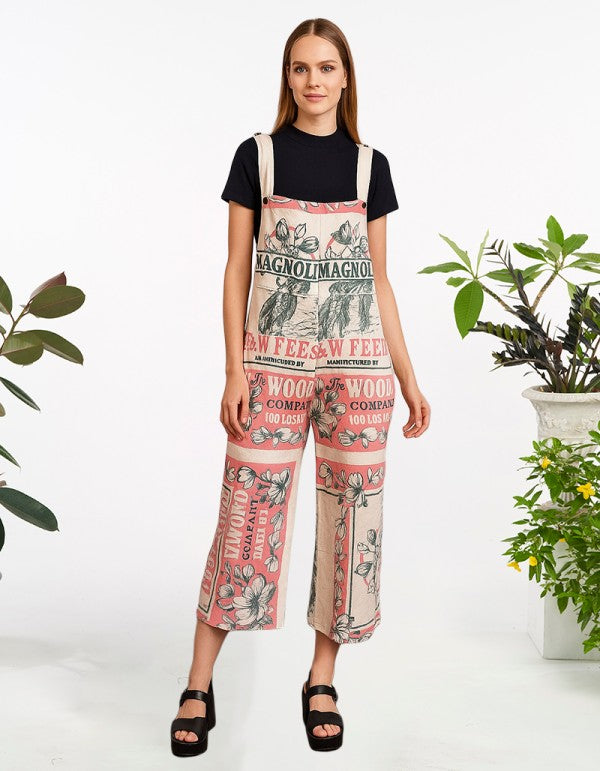 Model wearing the Magnolia vintage feed sack wide-leg jumpsuit over a black tee