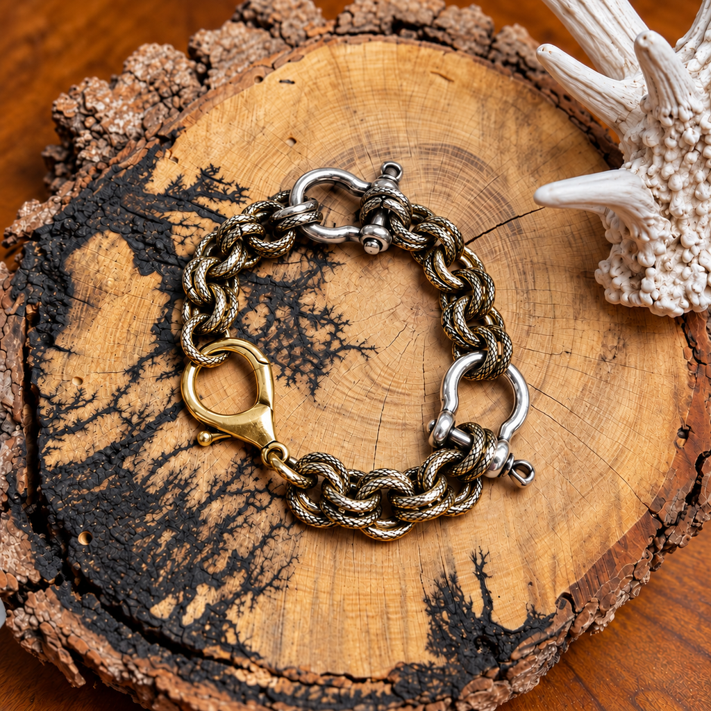 Gold-tone textured chain bracelet with silver-tone snaffle hardware on rustic wood