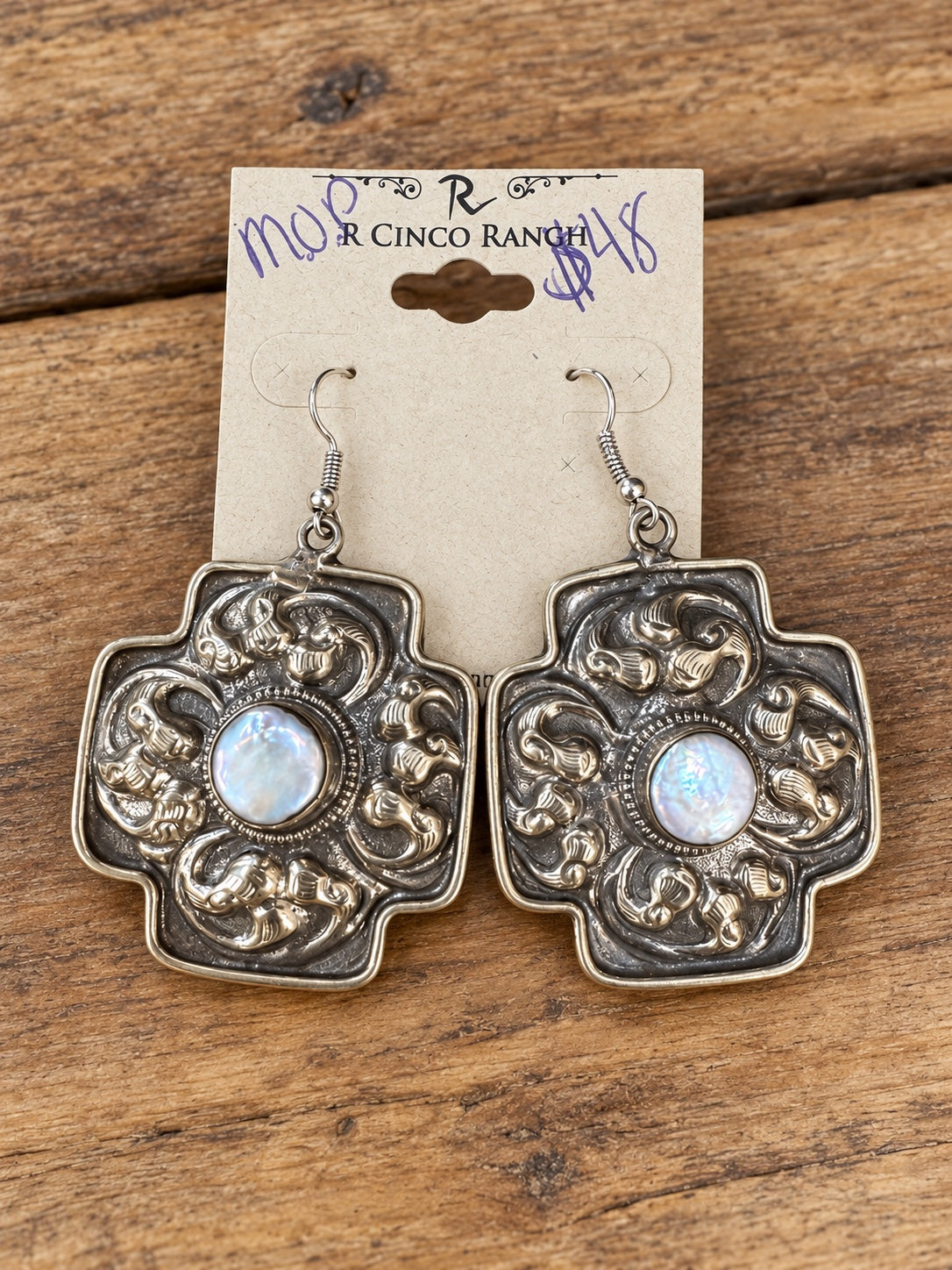 Mother-of-Pearl Cross-Shaped Dangle Earrings