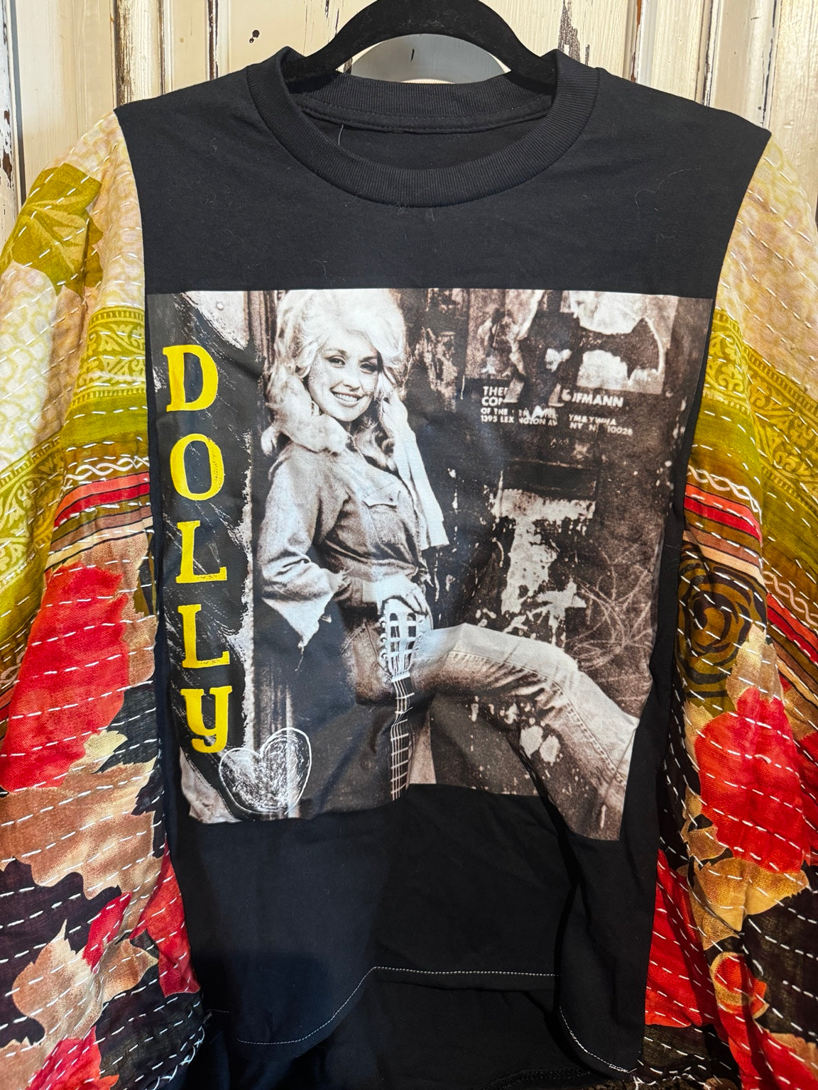 One-of-a-kind black Dolly shirt with colorful Kantha sleeves