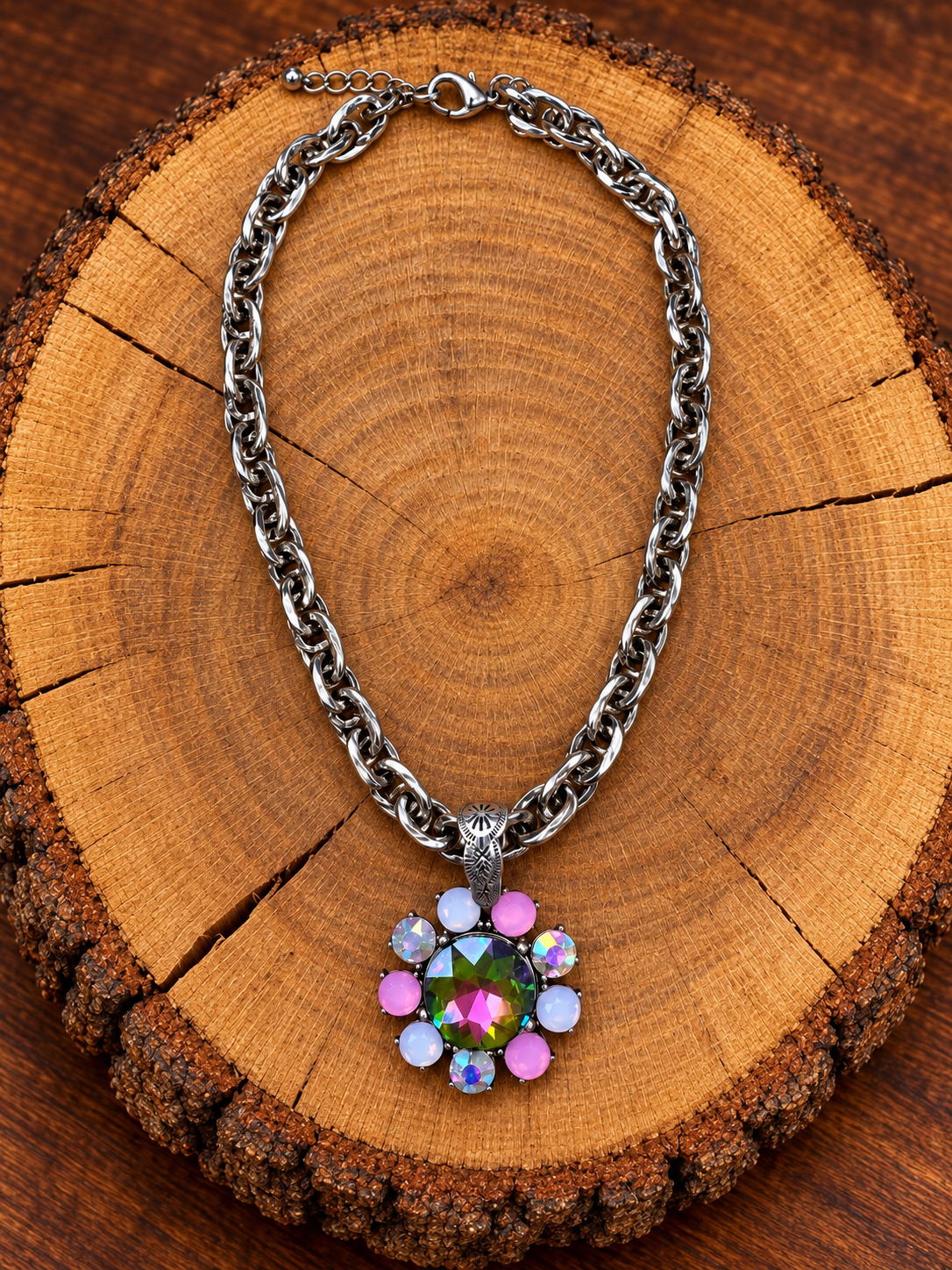 Pastel & Rainbow Flower Necklace – Silver-Tone Chain on warm golden wood