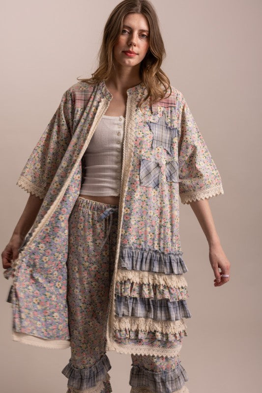 Open front view of Peace and Patchwork tiered ruffle duster