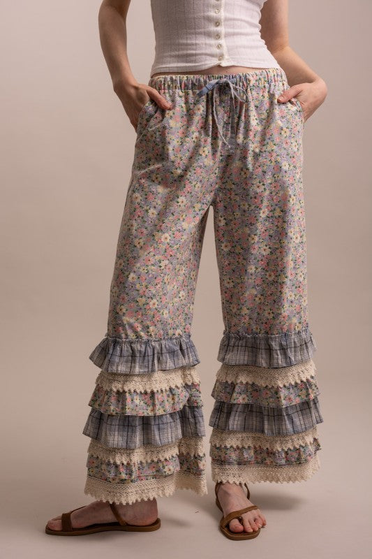 Full front view of Peace and Patchwork floral ruffle pants