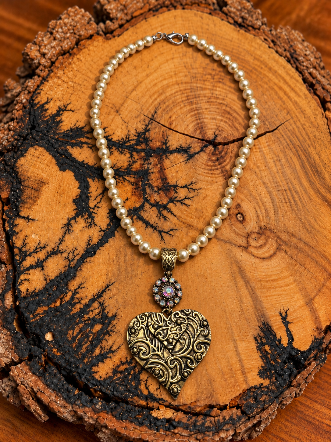 Pearl-Look Gold-Tone Double Heart Necklace on rustic wood