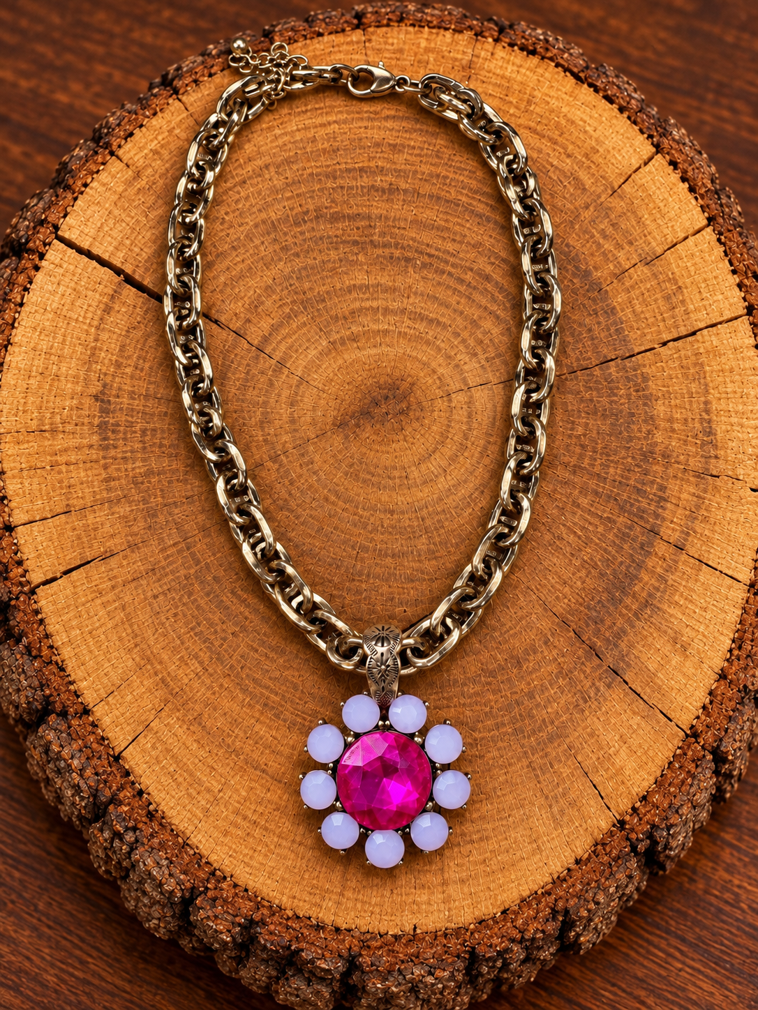 Pink & Lavender Flower Necklace – Antique Gold-Tone Chain on warm golden wood