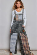 POL black plaid patchwork overalls with floral embroidery