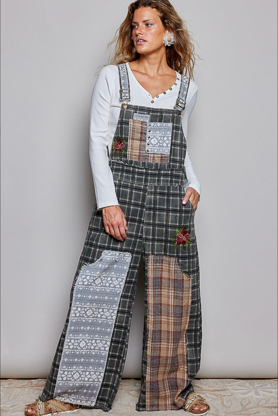 POL black plaid patchwork overalls with floral embroidery