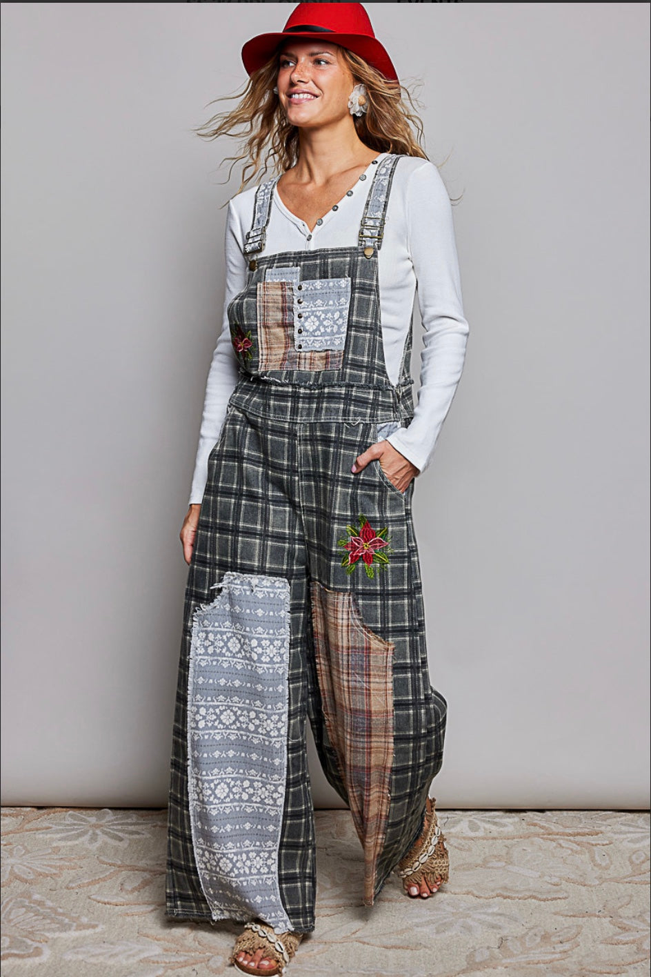 POL black plaid patchwork overalls with floral embroidery