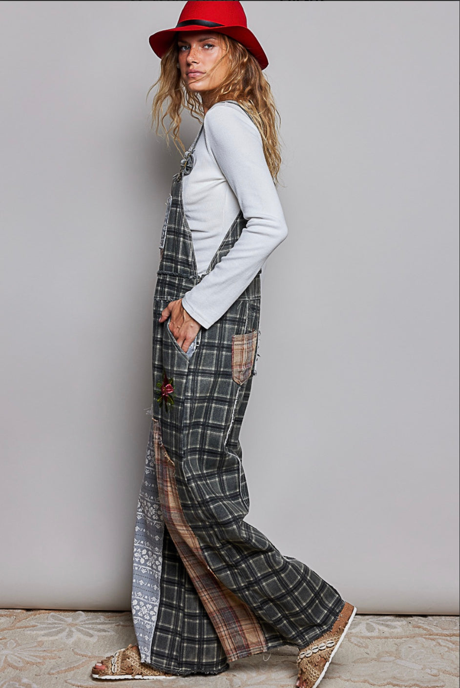 POL black plaid patchwork overalls with floral embroidery