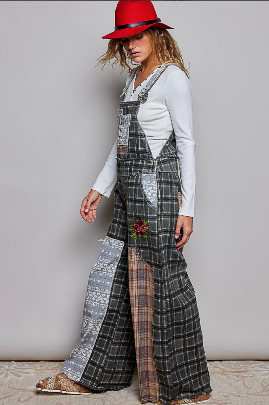 POL black plaid patchwork overalls with floral embroidery