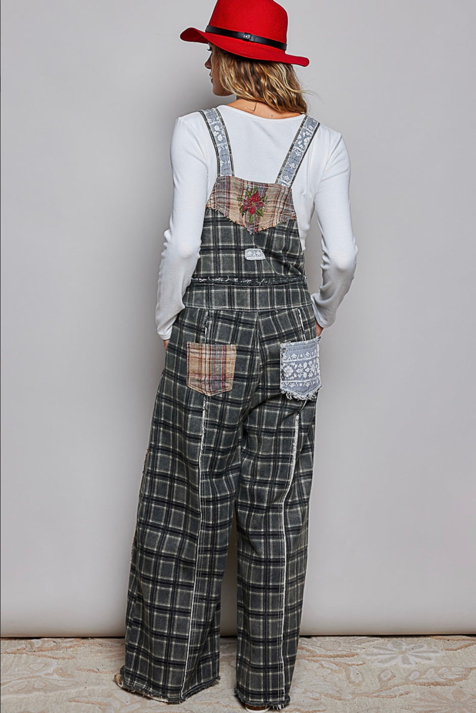 POL black plaid patchwork overalls with floral embroidery