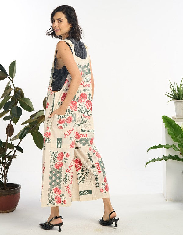 Back view of model wearing the Poppy vintage feed sack wide-leg jumpsuit
