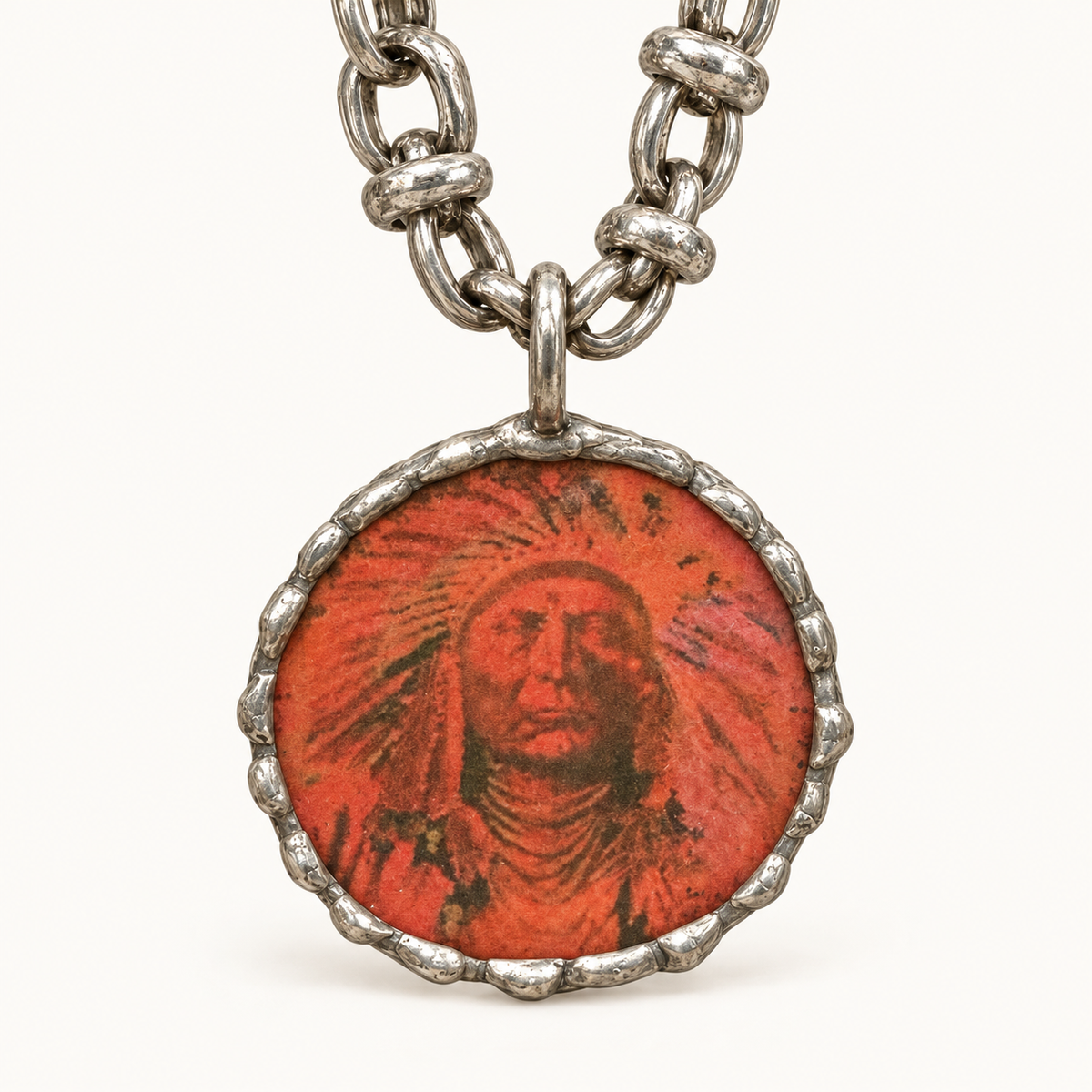 Red portrait hand-soldered pendant necklace with chunky silver-tone chain