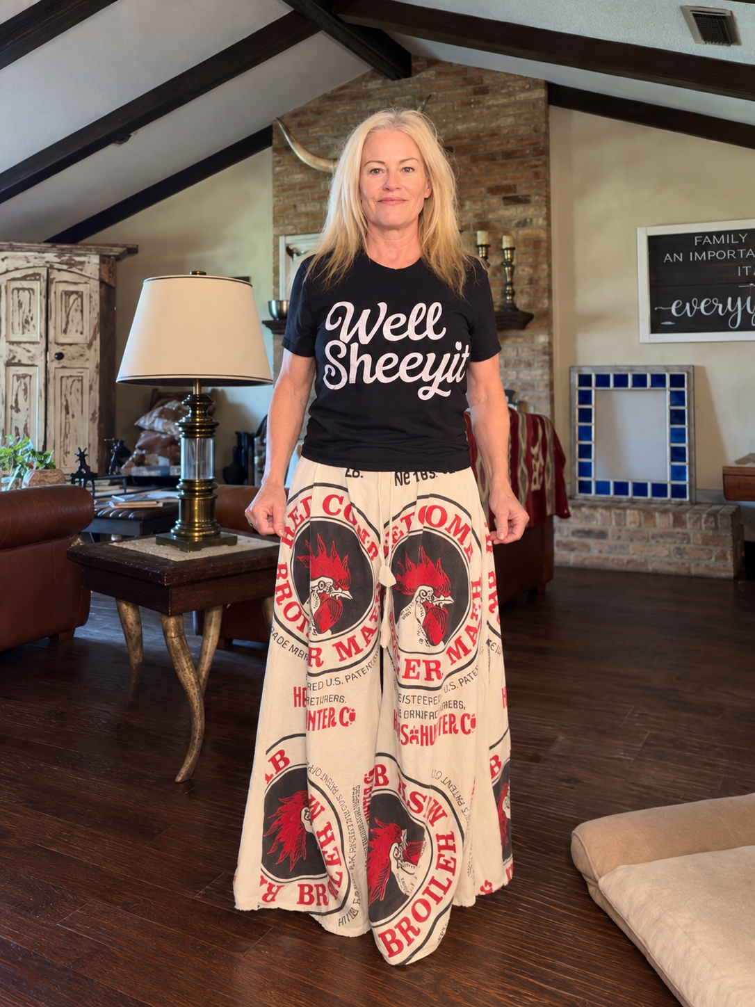 Rooster Vintage Feed Sack Pants — front view