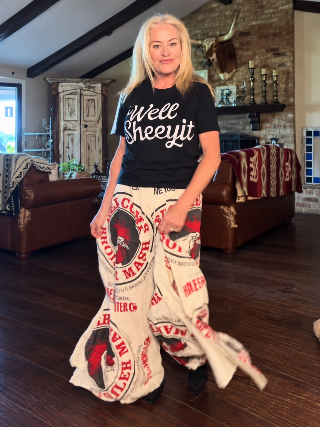 Rooster Vintage Feed Sack Pants — movement view