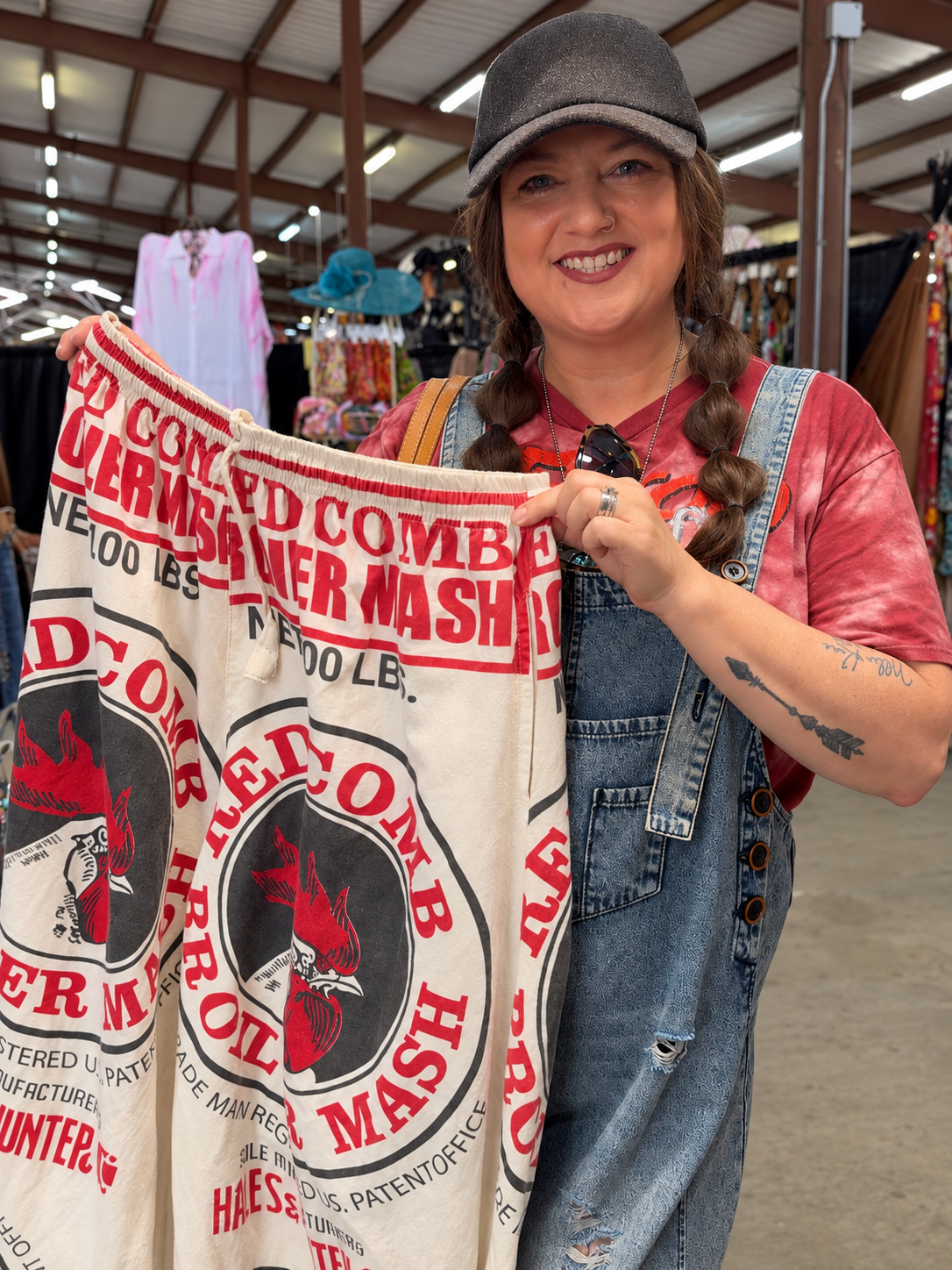 Rooster Vintage Feed Sack Pants — print and waistband detail