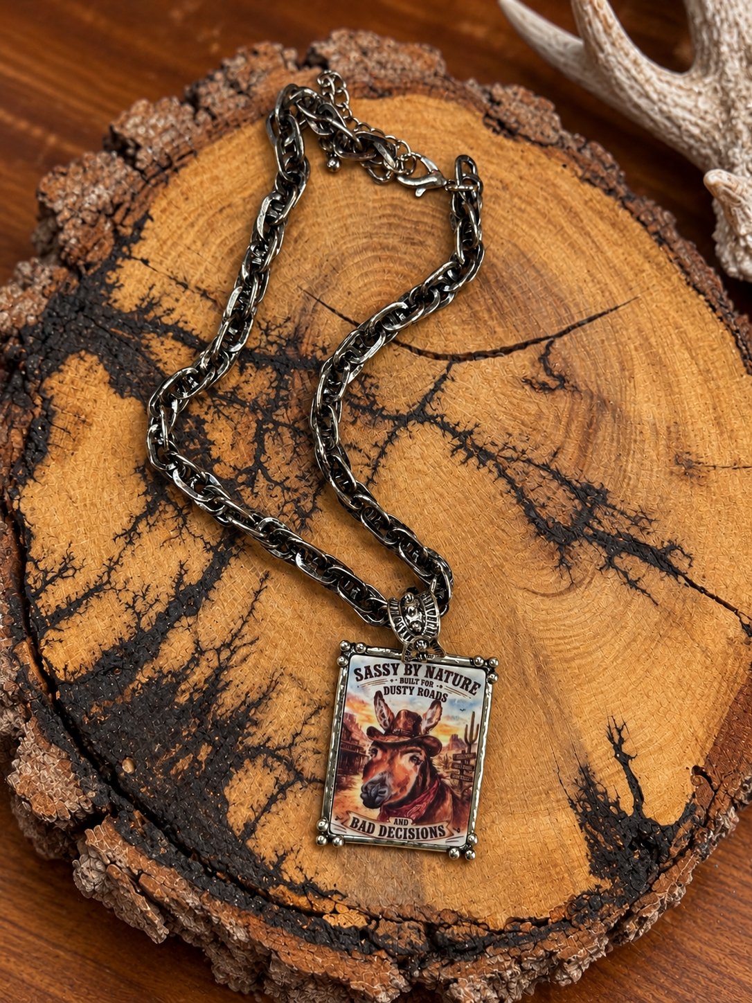 Sassy by Nature donkey pendant necklace with chunky antiqued chain on rustic wood