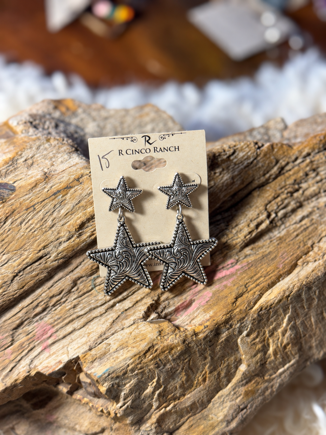 Silver-tone engraved star dangle earrings
