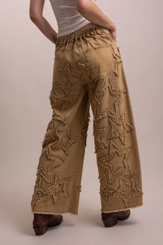 PREORDER – Textured Star Patchwork Pants – Beige – Ships November 14