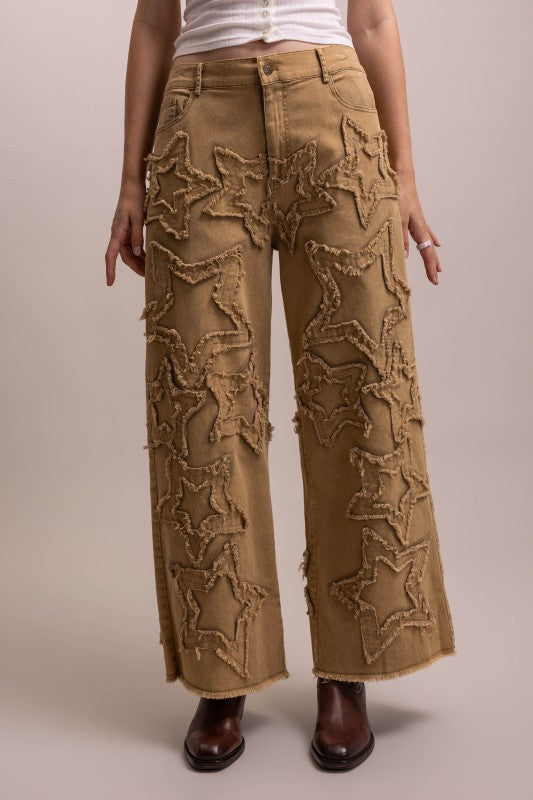 PREORDER – Textured Star Patchwork Pants – Beige – Ships November 14