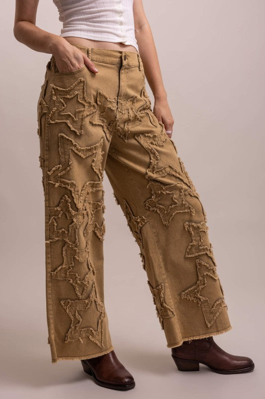 PREORDER – Textured Star Patchwork Pants – Beige – Ships November 14