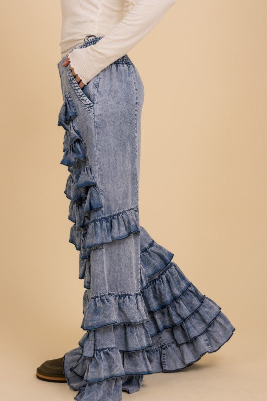 Side view of tiered ruffles and pocket