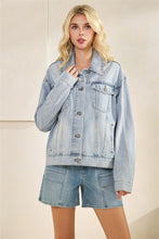 Front view of Tiger Queen velour patch denim jacket