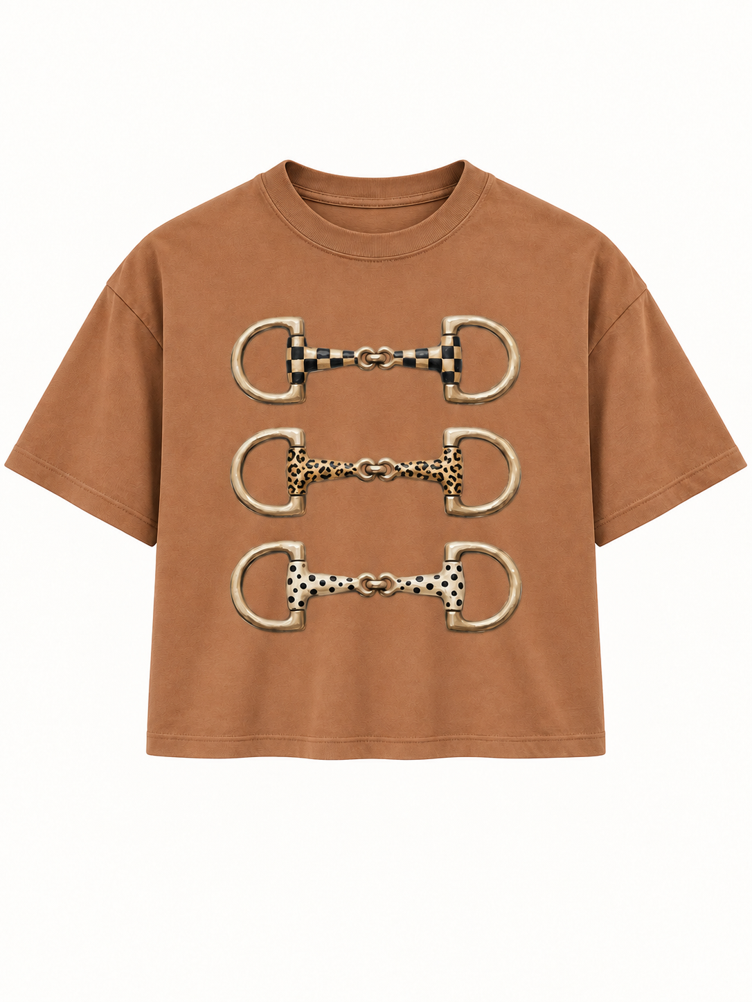 Triple Threat brown boxy crop tee with three patterned snaffle bits