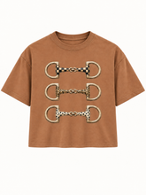 Triple Threat brown boxy crop tee with three patterned snaffle bits