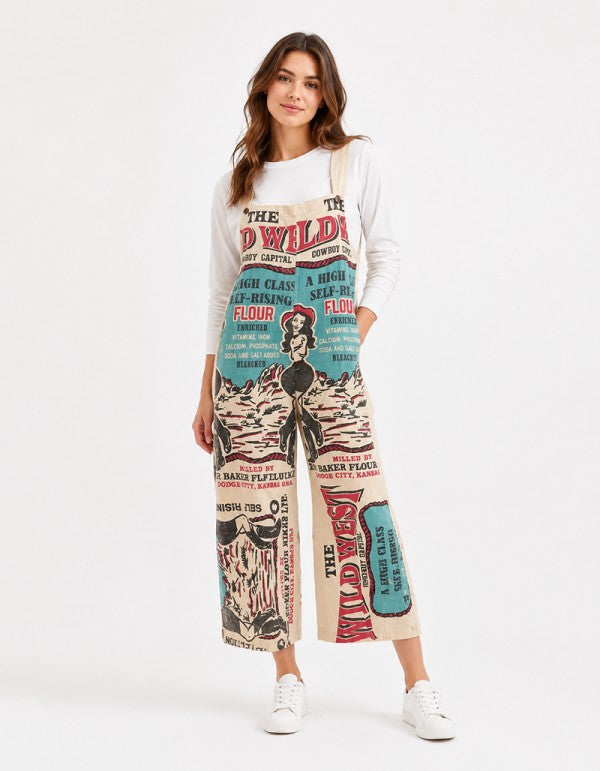 Model wearing the Wild West Cowgirl vintage feed sack wide-leg jumpsuit preorder