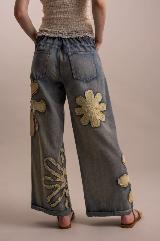Wildflower patchwork wide-leg denim pants back view