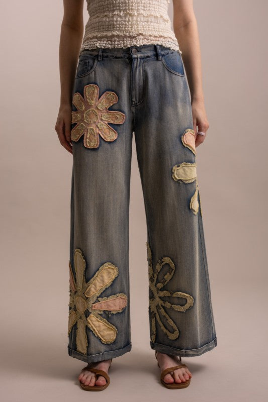 Wildflower patchwork wide-leg denim pants straight front view