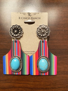 Serape Cow Tag Earrings with Turquoise Stone